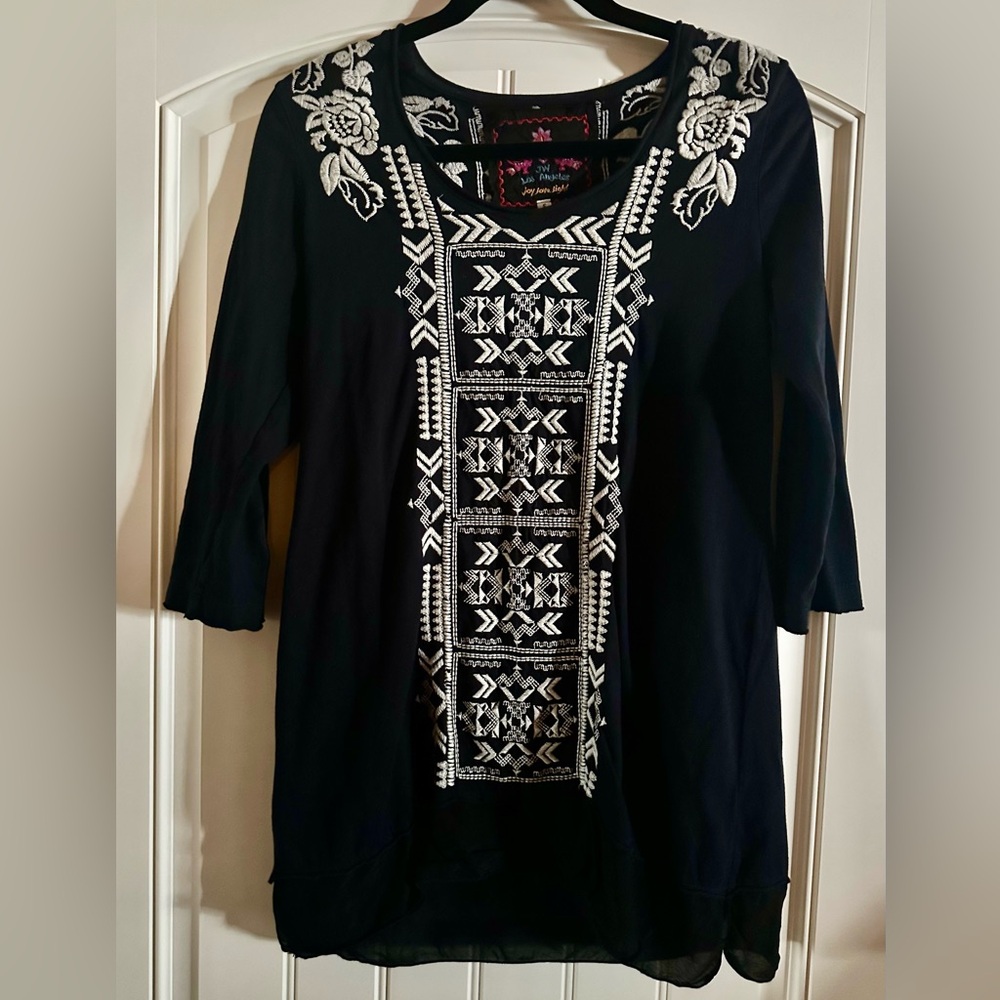 Johnny Was Black Tunic with White Embroidery